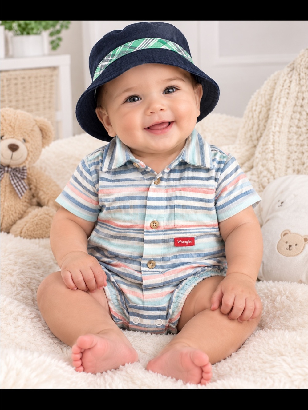 Wrangler Baby Boys' Striped Button-Front Short Sleeve Romper — Blue/Coral
